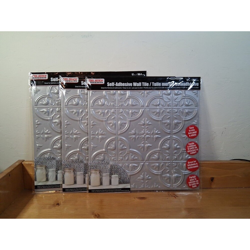 Self Adhesive Wall Tiles 12" x 12" sq. Tool Bench Hardware Tin Silver LOT 3 NEW